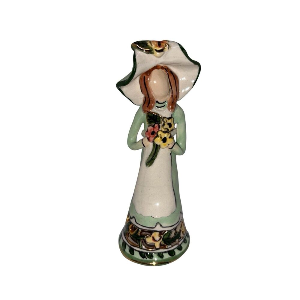 2002 Blue Sky Figurine Heather Goldminc Girl Holding Flowers Green Dress Hat